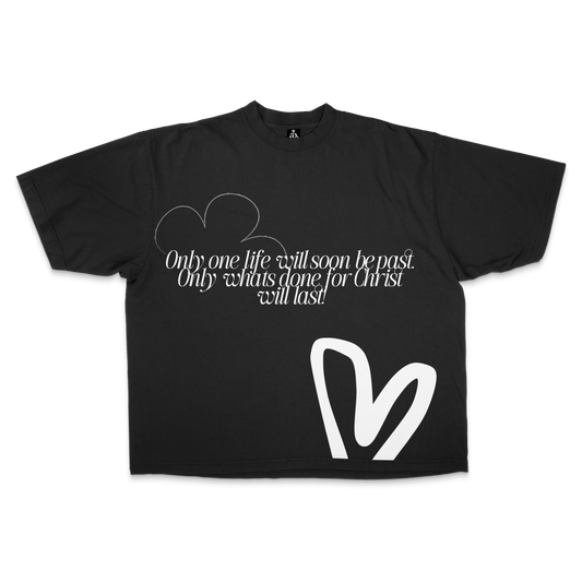 Black t-shirt, white text, ahava heart