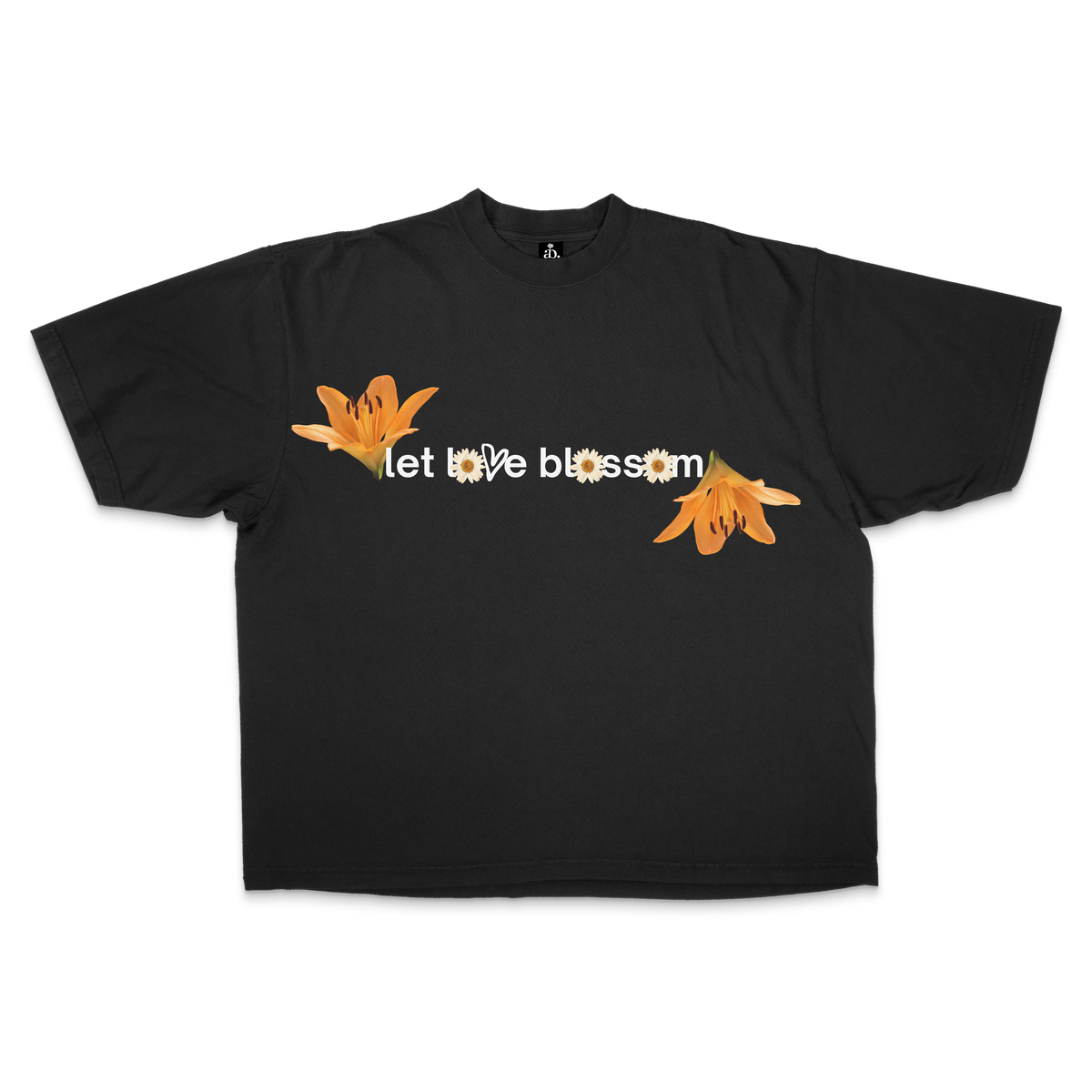 Black t-shirt with floral designs and 'let love blossom' motto